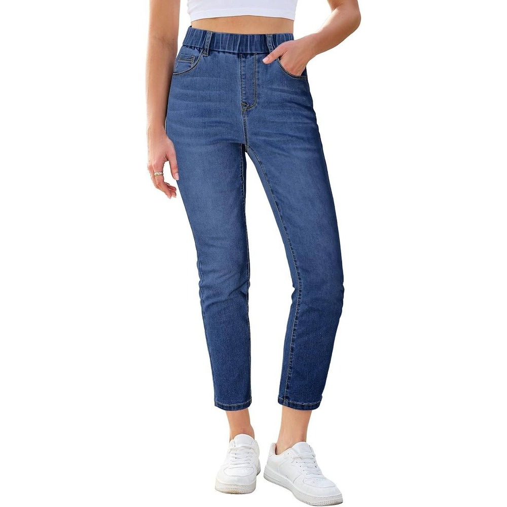 Slim Straight Leg Jeans Cropped High Waisted Pull On Elastic Waist Stretchy Jean